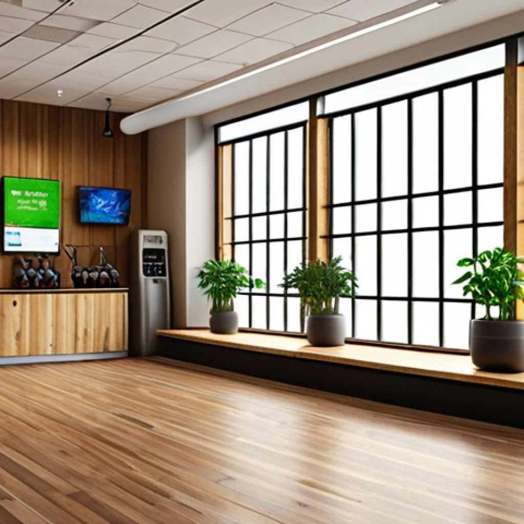 **

"A brightly lit, modern gym reception area with large windows. Focus on sustainable elements: potted green plants, natural wood accents, and a water fountain where members are refilling reusable water bottles. Soft, diffused lighting highlighting the welcoming and eco-friendly atmosphere. A digital screen displays information about the gym's sustainability initiatives."

**