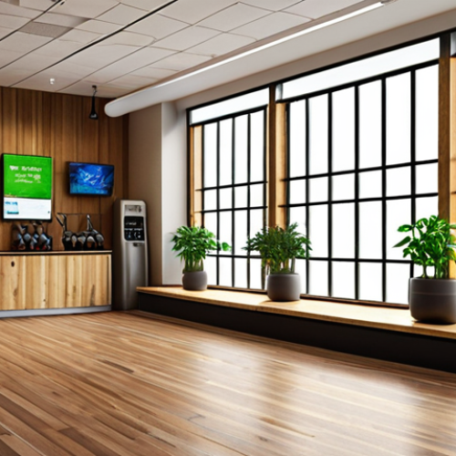 **

"A brightly lit, modern gym reception area with large windows. Focus on sustainable elements: potted green plants, natural wood accents, and a water fountain where members are refilling reusable water bottles. Soft, diffused lighting highlighting the welcoming and eco-friendly atmosphere. A digital screen displays information about the gym's sustainability initiatives."

**