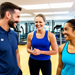 A diverse group of adults, including a female fitness coach and male and female members, fully clothed in modest athletic wear, engaging in a supportive and friendly conversation in a bright, modern gym reception area. The coach is smiling, offering encouragement. The atmosphere is welcoming and community-focused. The background shows clean, well-maintained fitness equipment. Perfect anatomy, correct proportions, natural poses, well-formed hands, proper finger count, natural body proportions. Professional photography, high quality, safe for work, appropriate content, fully clothed, professional, family-friendly.