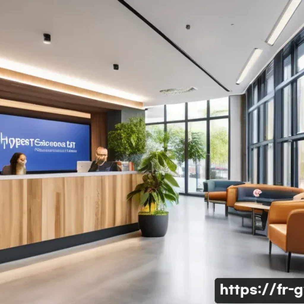 피트니스 경영사 실습 사례 보고 - A modern fitness center reception area in a French urban setting, featuring a warm and professional ...