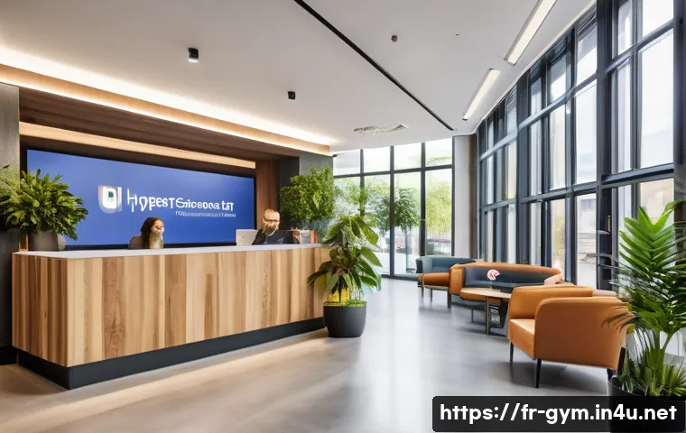 피트니스 경영사 실습 사례 보고 - A modern fitness center reception area in a French urban setting, featuring a warm and professional ...
