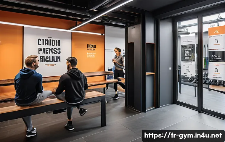 피트니스 경영사의 필요 역량 개발 방법 - A modern fitness center reception area in Paris, warmly lit with sleek design and French signage, wh...