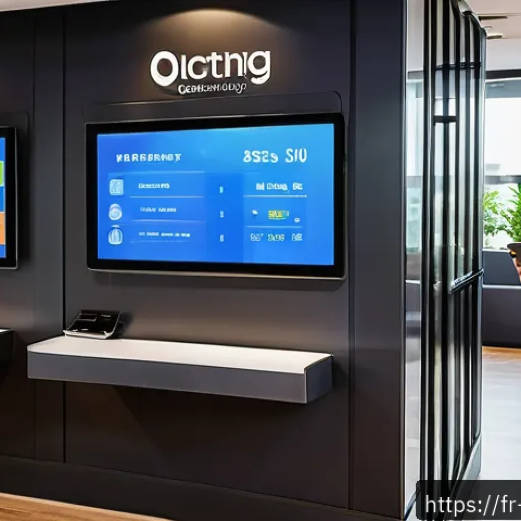 피트니스 경영사 업무 사례 분석 - A modern fitness club reception area with a digital management system displayed on large touchscreen...