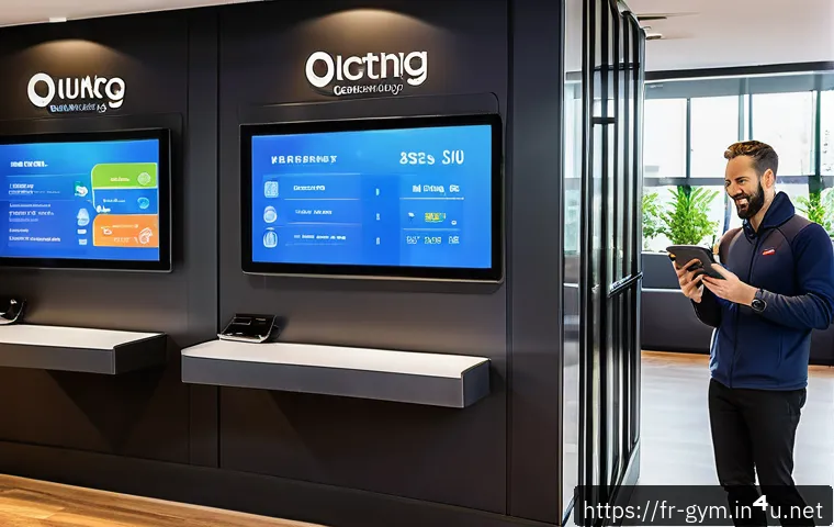 피트니스 경영사 업무 사례 분석 - A modern fitness club reception area with a digital management system displayed on large touchscreen...