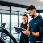 Home 22 피트니스 경영사 실습 전 필수 준비사항 - A modern gym interior bustling with diverse clients: a young female personal trainer wearing sporty ...