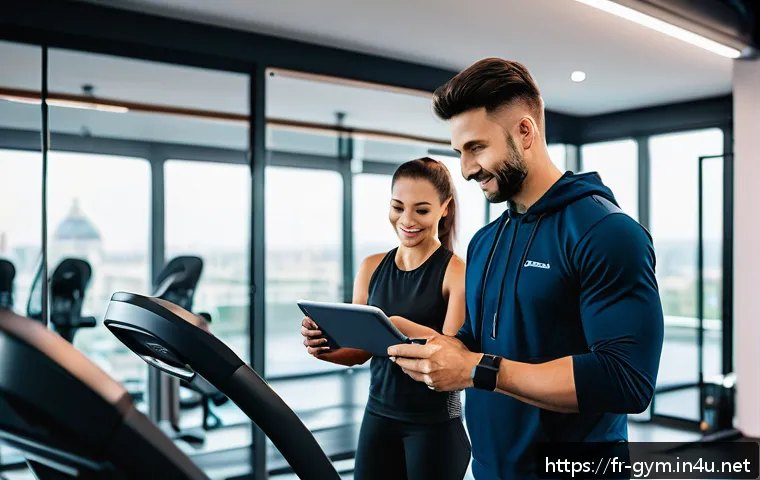 피트니스 경영사 실습 전 필수 준비사항 - A modern gym interior bustling with diverse clients: a young female personal trainer wearing sporty ...