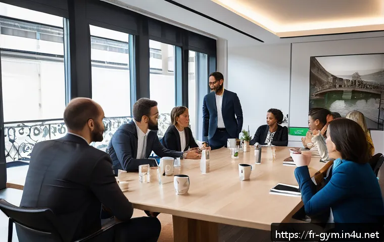 피트니스 경영사 네트워킹 중요성과 방법 - A professional networking event focused on the fitness industry in Paris, featuring a diverse group ...