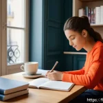 Home 20 피트니스 경영사 자격증 학습 자료 다운로드 - A modern study scene featuring a young adult French learner sitting at a sleek desk in a cozy Parisi...