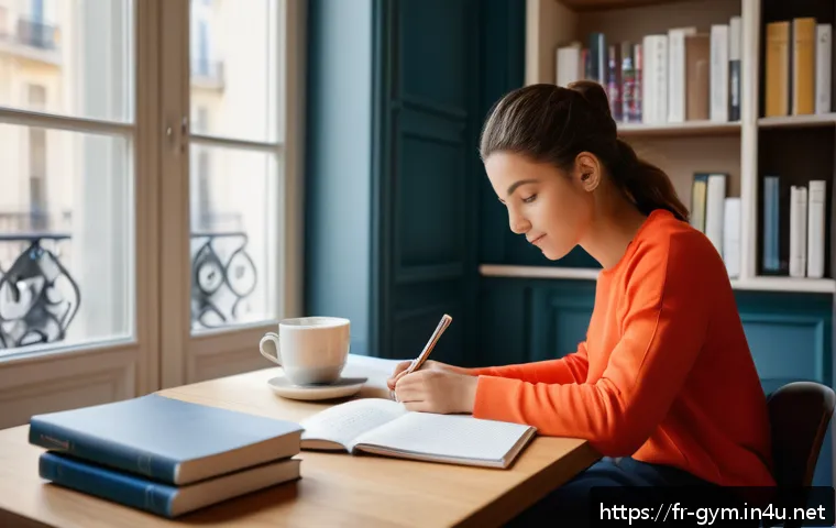피트니스 경영사 자격증 학습 자료 다운로드 - A modern study scene featuring a young adult French learner sitting at a sleek desk in a cozy Parisi...