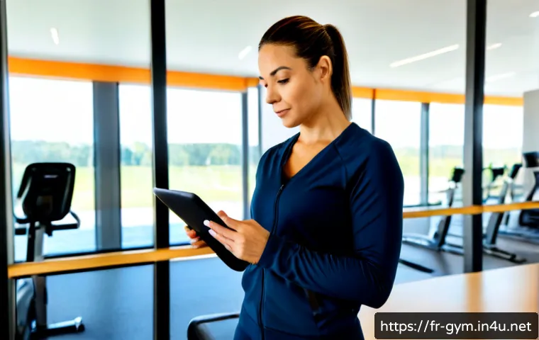 피트니스 경영사 이직 후 첫 업무 적응기 - Photorealistic fitness business manager on her first day in a modern French health club office, revi...
